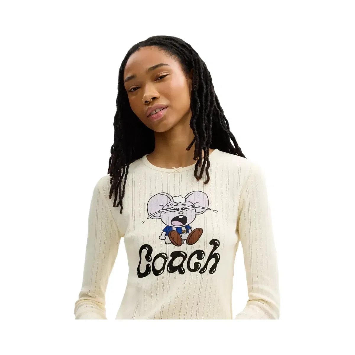 Coach x Brain Dead Kachi Mouse Graphic Long Sleeve Pointelle Top in Cream