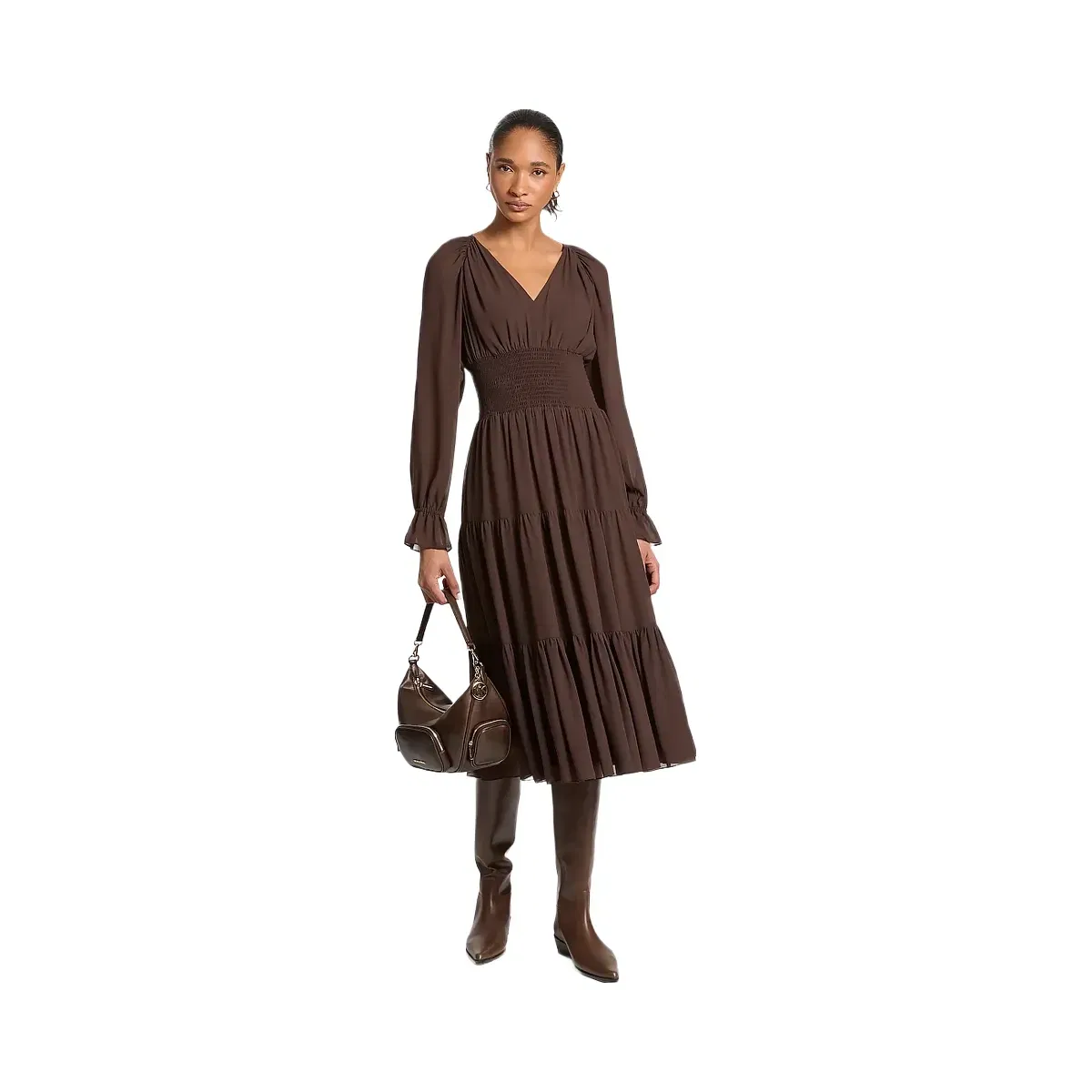 Michael Kors Smocked Georgette Midi Dress Chocolate