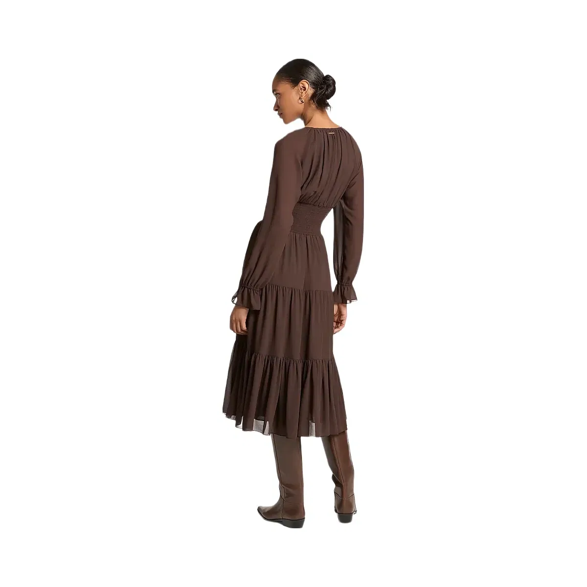 Michael Kors Smocked Georgette Midi Dress Chocolate