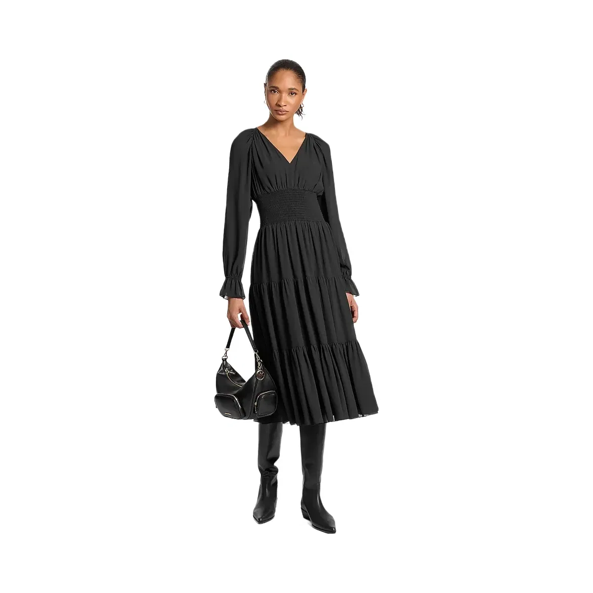 Michael Kors Smocked Georgette Midi Dress Black