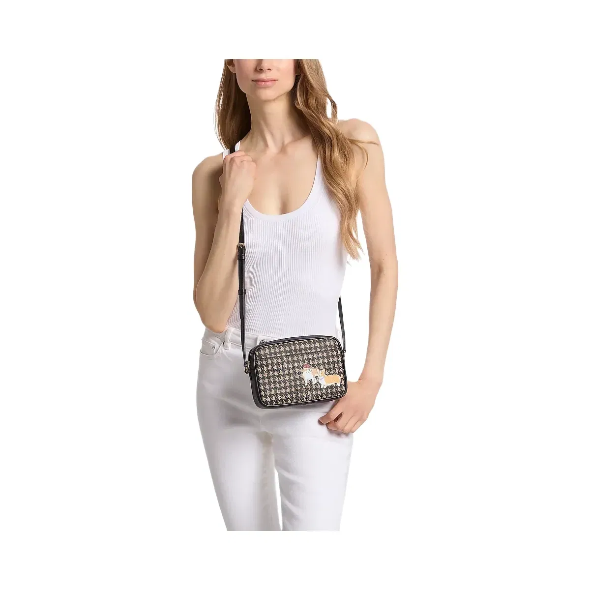 Michael Kors Jet Set Travel Small Houndstooth Print Camera Crossbody Bag Black/Camel