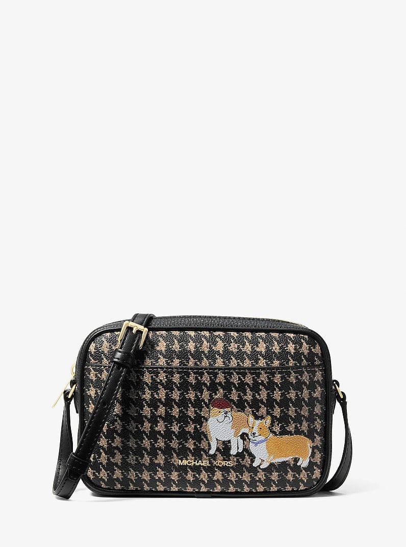 Michael Kors Jet Set Travel Small Houndstooth Print Camera Crossbody Bag Black/Camel