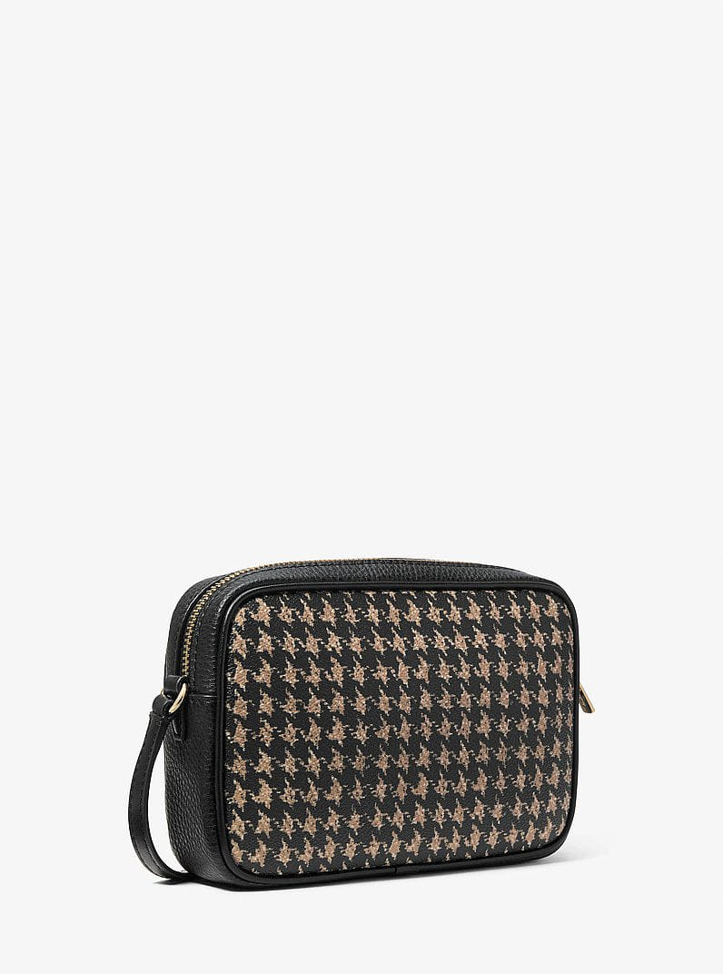 Michael Kors Jet Set Travel Small Houndstooth Print Camera Crossbody Bag Black/Camel