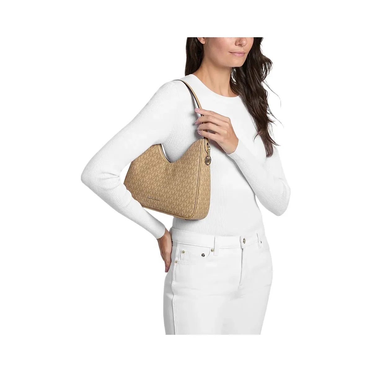 Michael Kors Nayla Small Signature Logo Hobo Shoulder Bag Camel