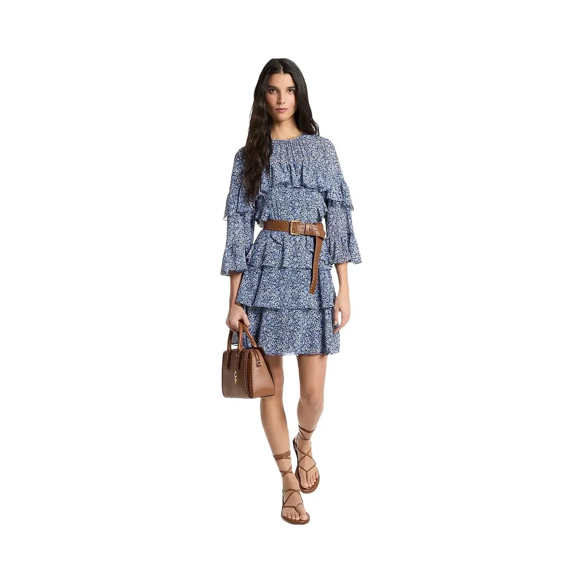 Michael Kors Floral Print Georgette Ruffle Mini Dress Midnightblue