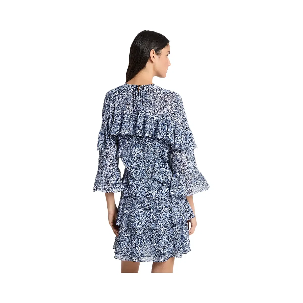 Michael Kors Floral Print Georgette Ruffle Mini Dress Midnightblue