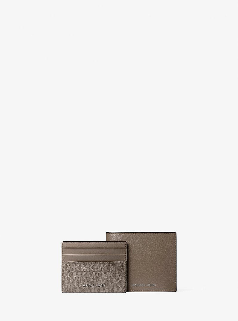 Michael Kors Pebbled Leather Billfold Wallet and Signature Logo Card Case Gift Set Mushroom