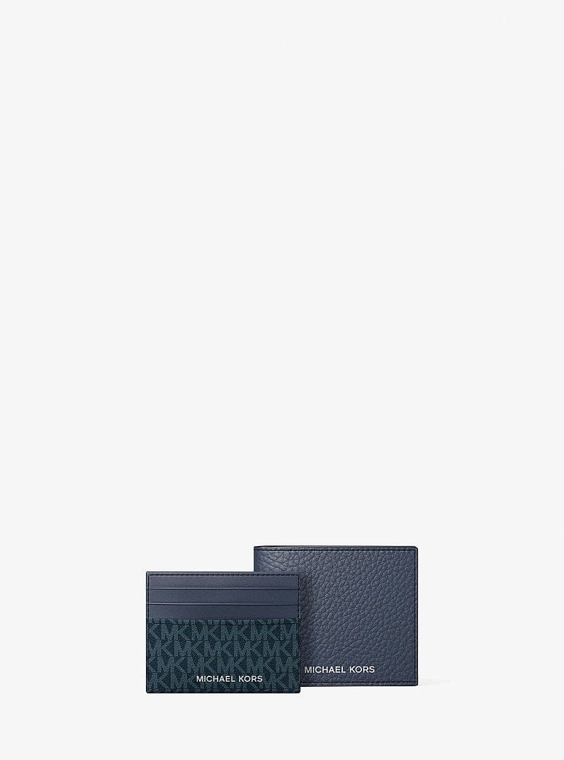 Michael Kors Pebbled Leather Billfold Wallet and Signature Logo Card Case Gift Set Navy