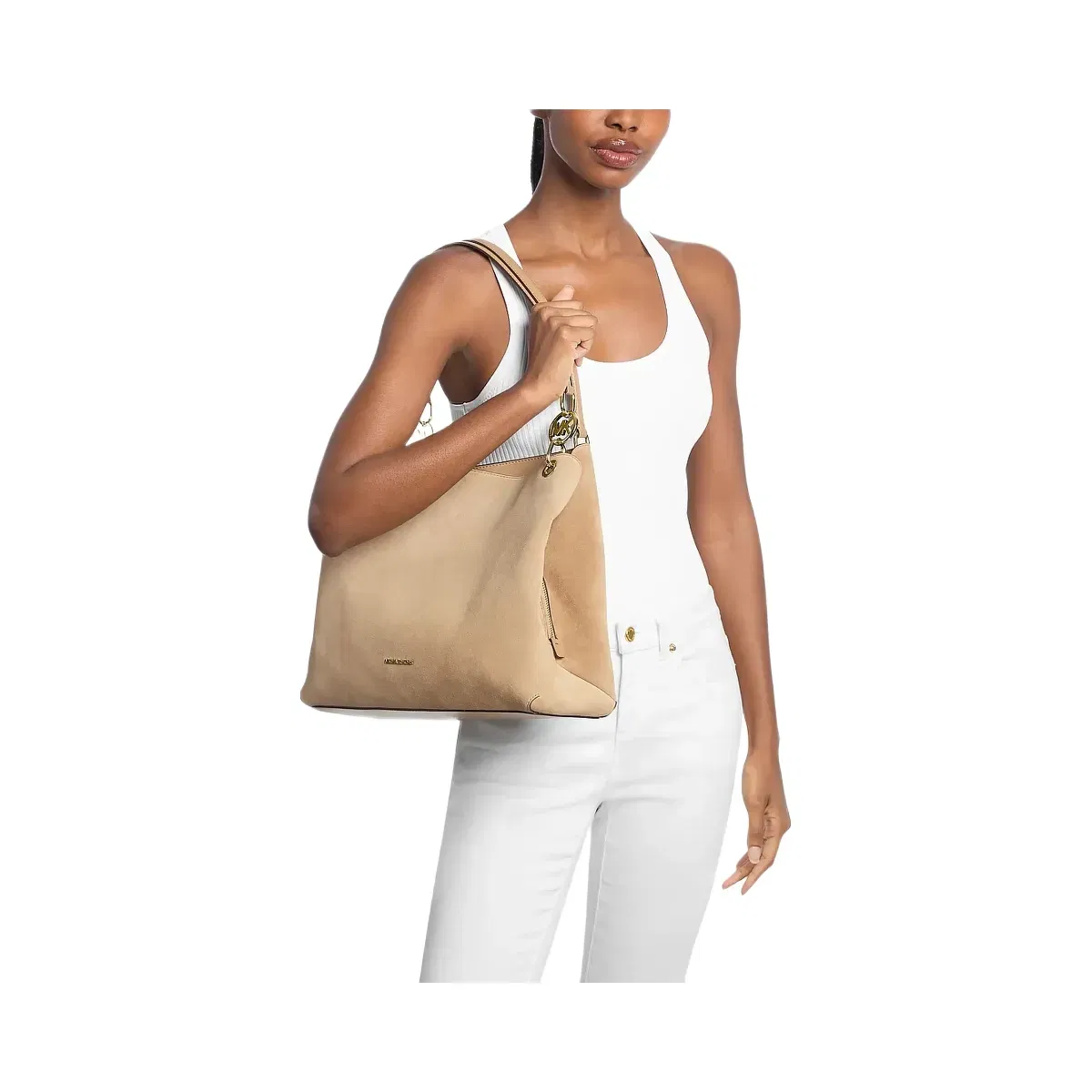 Michael Kors Christina Large Suede Shoulder Bag Camel