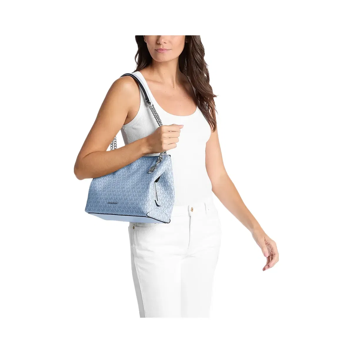 Michael Kors Christina Medium Signature Logo Shoulder Bag Pale Ocean