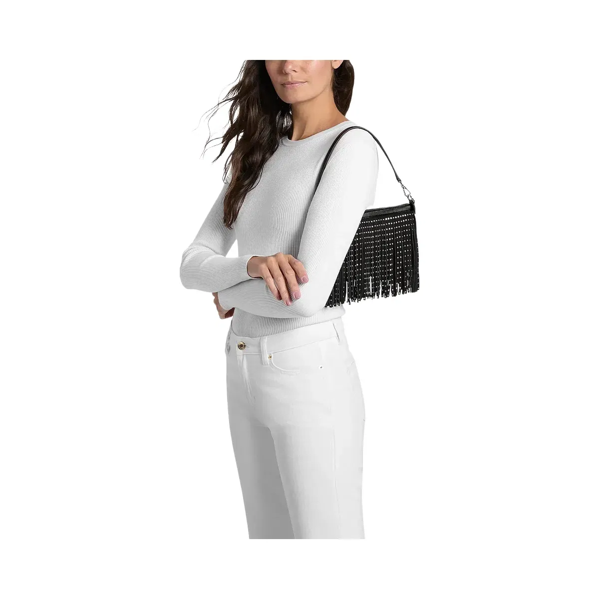 Michael Kors Jet Set Travel Small Studded Fringed Polyester Microsuede Wristlet Black