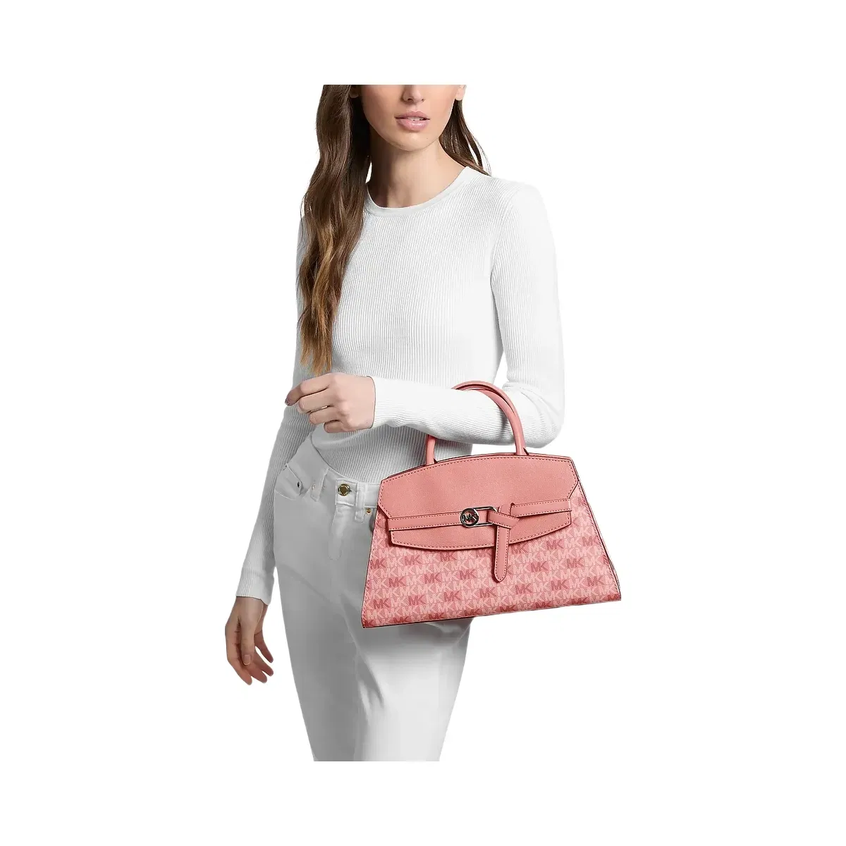 Michael Kors Greta Medium Signature Logo Satchel Sunset Rose