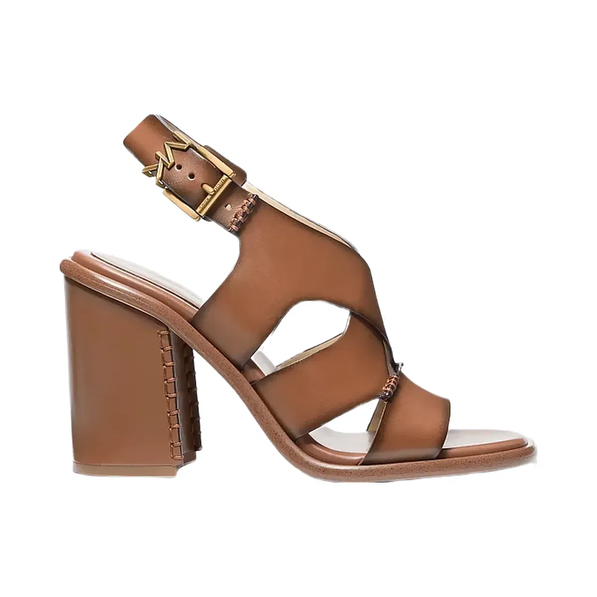 Michael Kors Raven Burnished Leather Block Heel Sandal Luggage