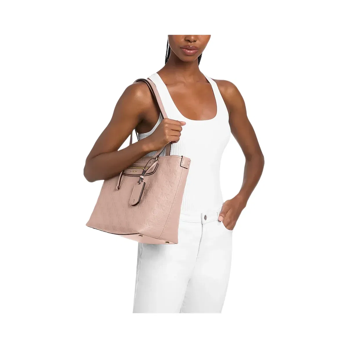 Michael Kors Jet Set Travel Medium Logo Embossed Leather Tote Bag Soft Pink