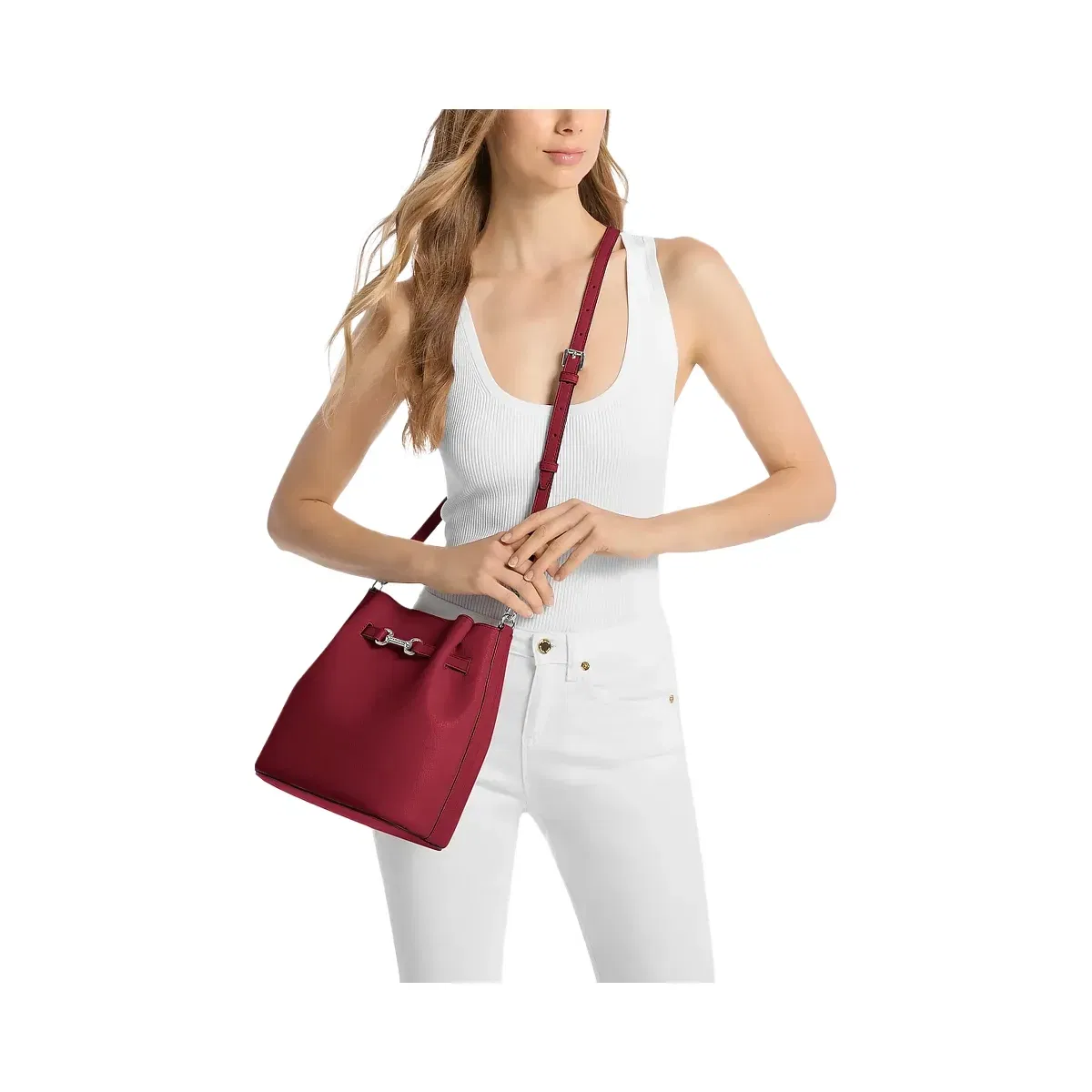 Michael Kors Carson Medium Pebbled Leather Convertible Bucket Crossbody Bag Maroon