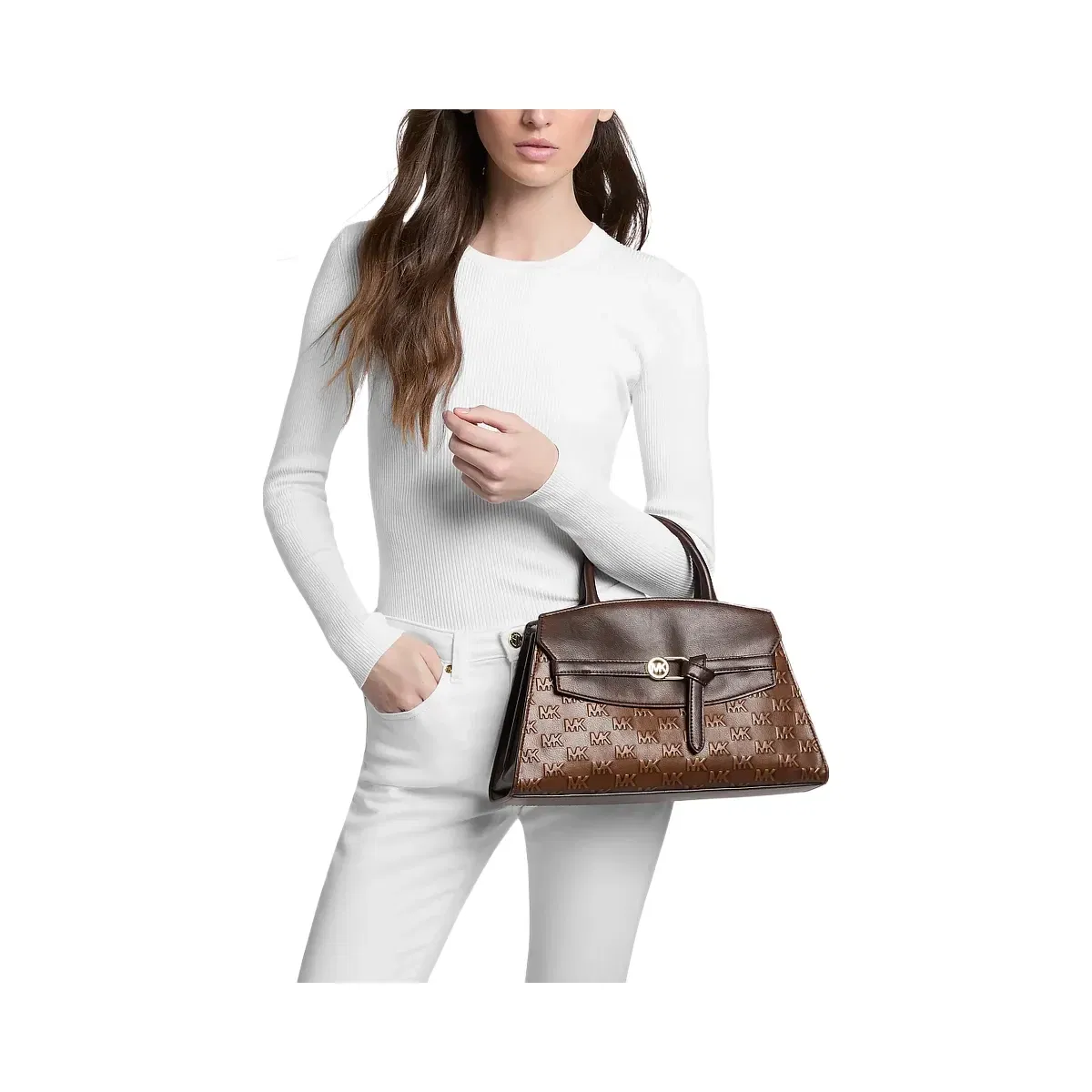Michael Kors Greta Medium Logo Embossed Satchel Chocolate