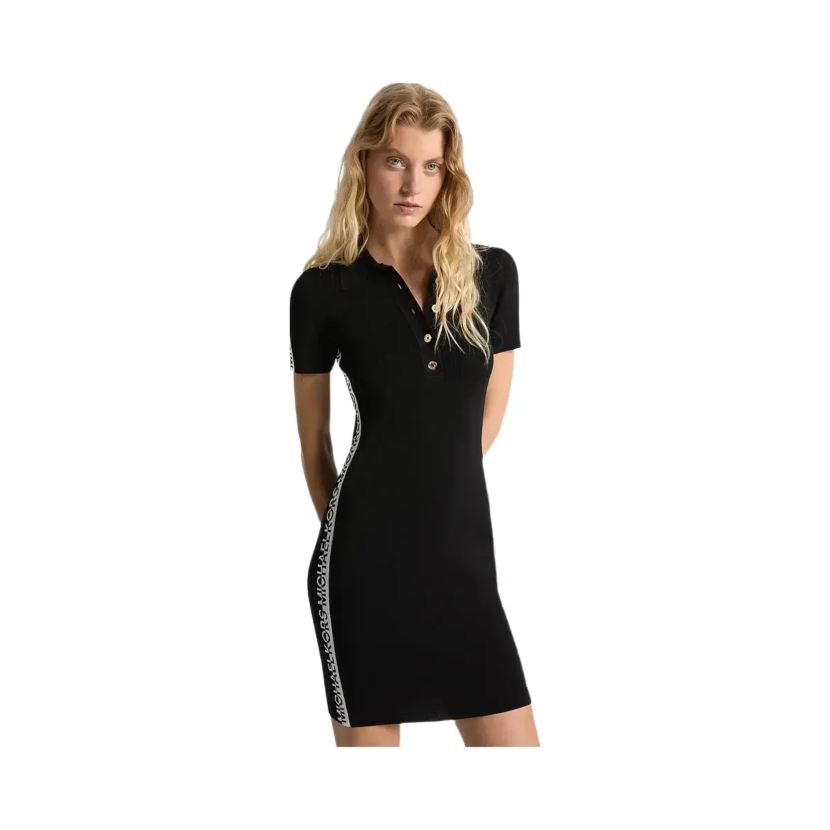 Michael Kors Stretch Knit Logo Tape Polo Dress Black