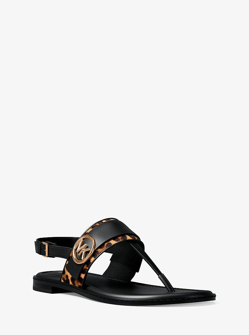 Michael Kors Carmen Cheetah Print Calf Hair Thong Sandal Dk Camel Mlt