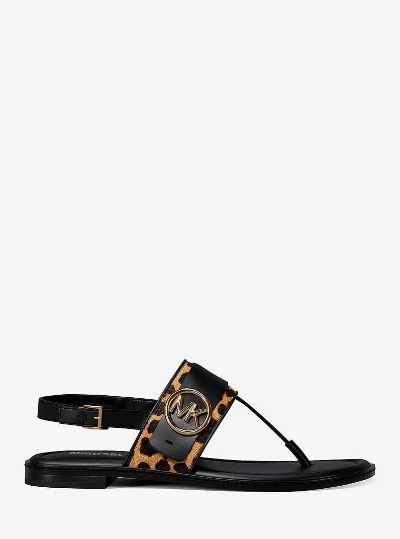 Michael Kors Carmen Cheetah Print Calf Hair Thong Sandal Dk Camel Mlt