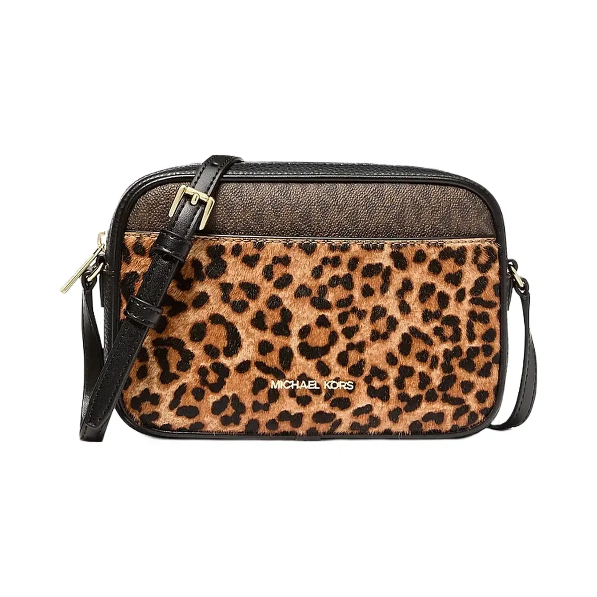 Michael Kors Jet Set Travel Leopard Print Calf Hair and Signature Logo Camera Crossbody Bag Camel Mlt