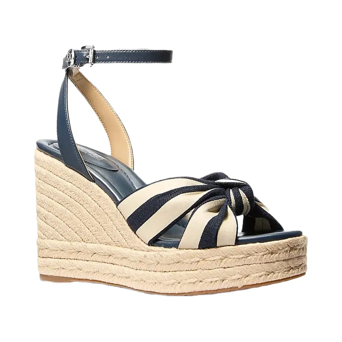 Michael Kors Elena Striped Linen Blend Wedge Sandal Navy
