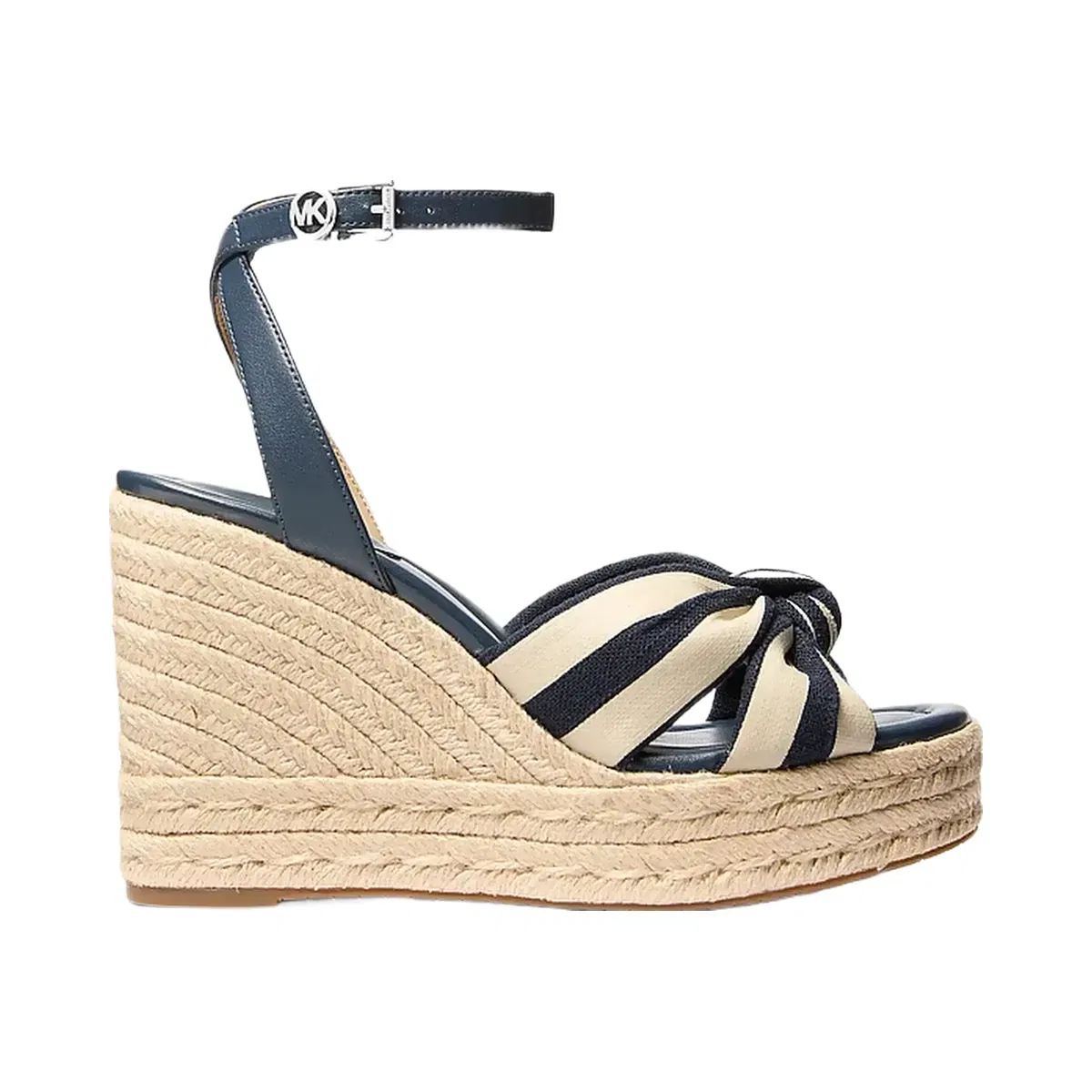 Michael Kors Elena Striped Linen Blend Wedge Sandal Navy