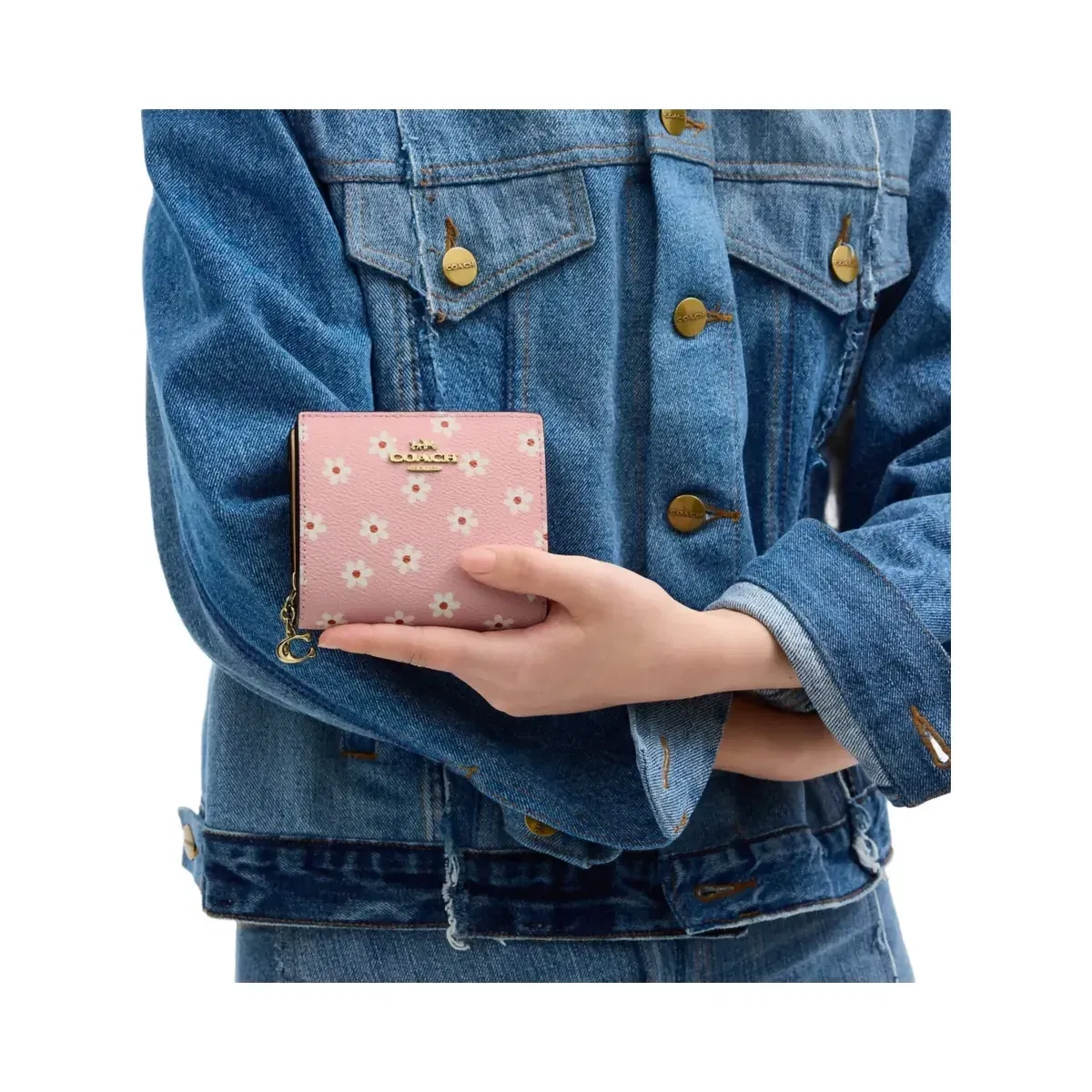 Coach Snap Wallet With Floral Print in Gold Pink Multi