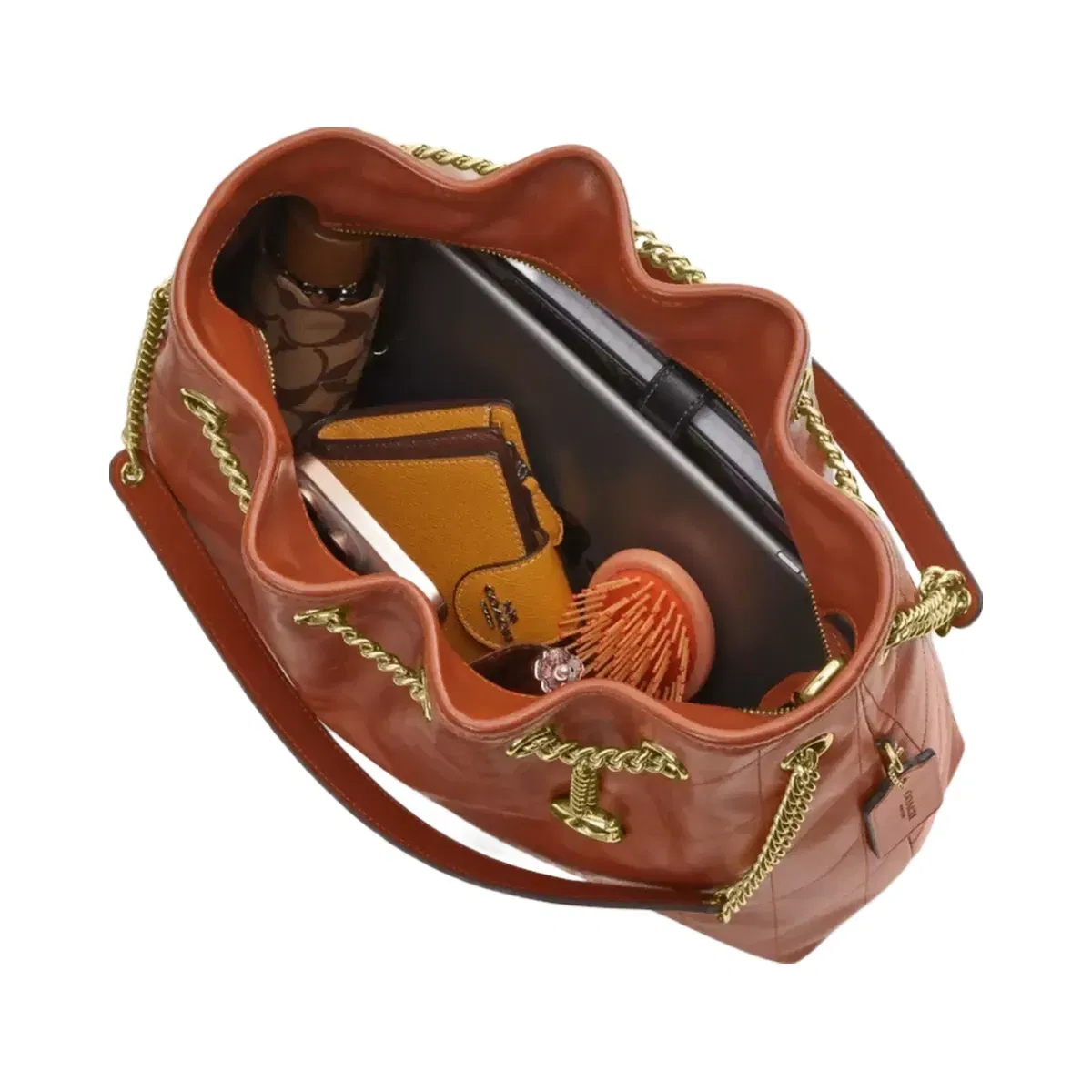 Coach Evelyn Shoulder Bag With Quilting And Charm in Gold Cinnamon