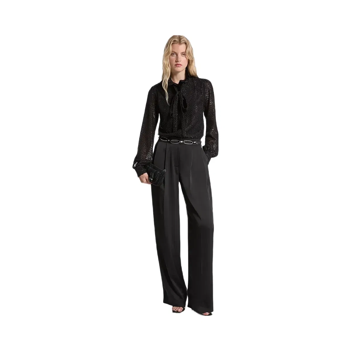 Michael Kors Metallic Clip Jacquard and Satin Tie-Neck Jumpsuit Black