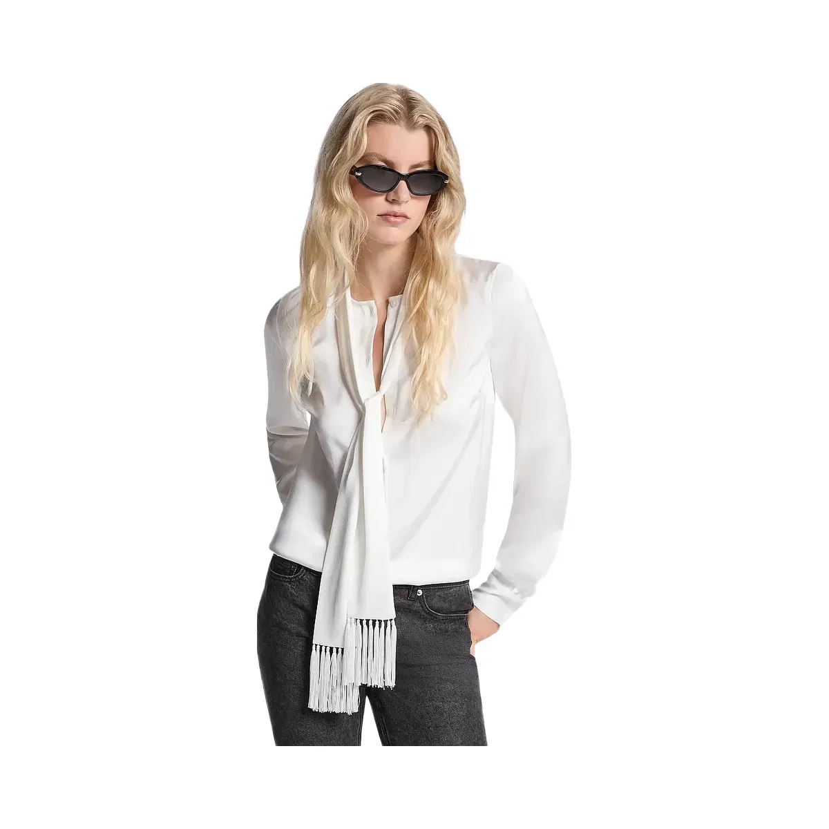 Michael Kors Satin Fringed Tie-Neck Blouse White