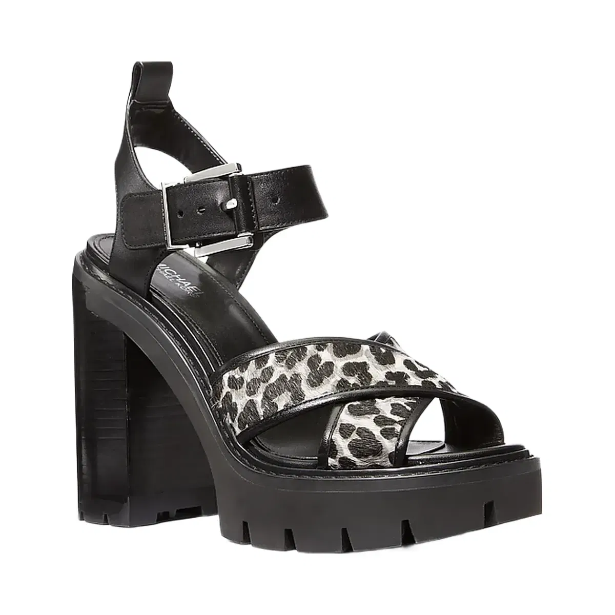 Michael Kors Colby Leopard Print Calf Hair Lug Platform Sandal Black Combo