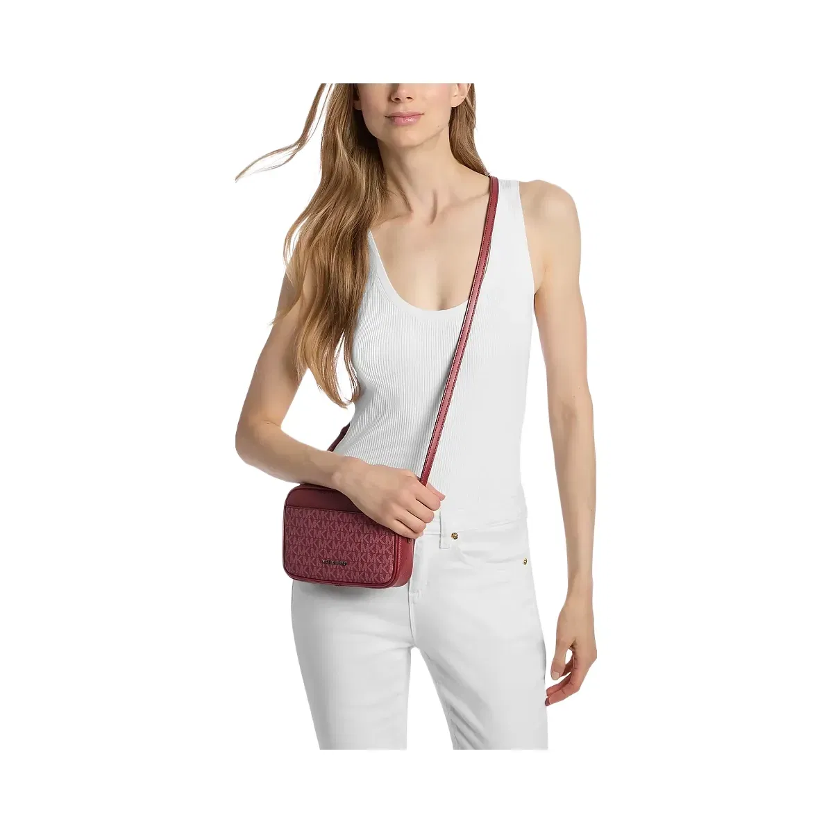 Michael Kors Jet Set Travel Small Signature Logo Camera Crossbody Bag Maroon