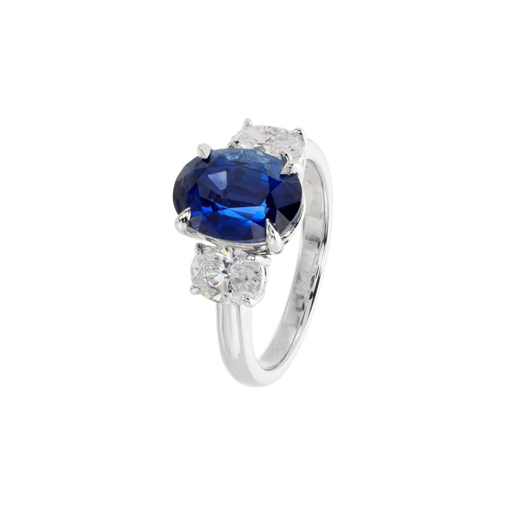 White Gold, 4.27ct Madagascar Sapphire and Diamond Three Stone Ring