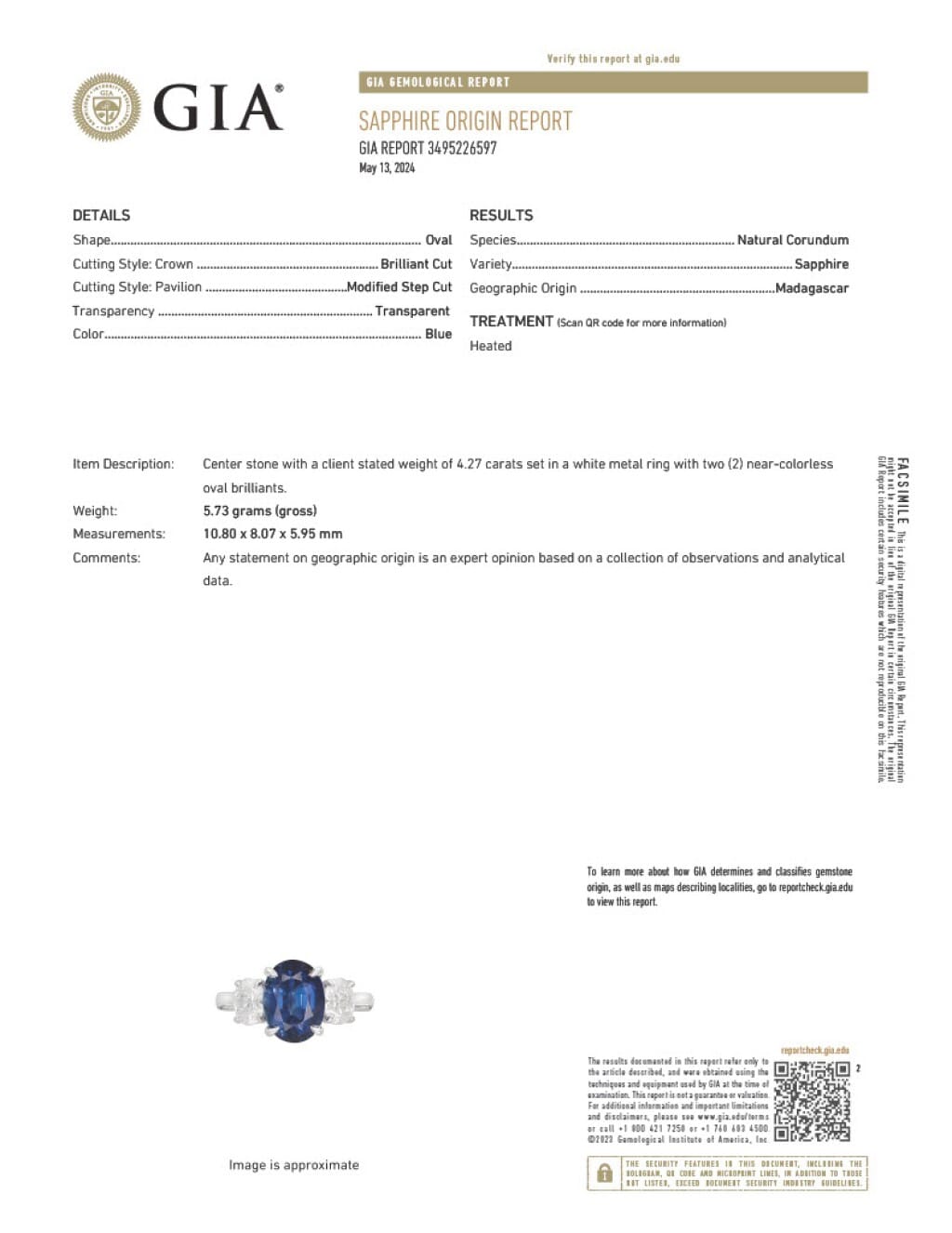 White Gold, 4.27ct Madagascar Sapphire and Diamond Three Stone Ring