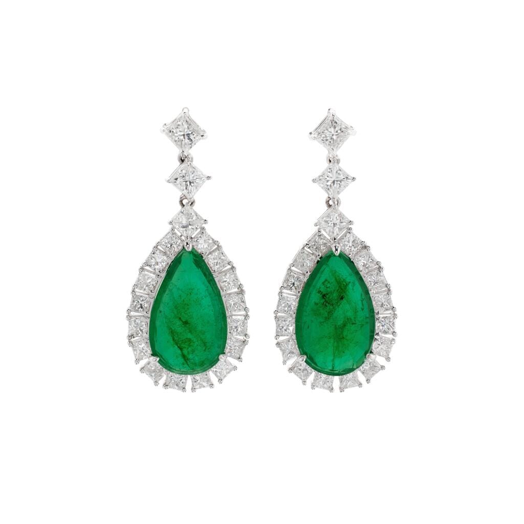 White Gold, 10.85ctw Zambian Emerald and Diamond Drop Earrings