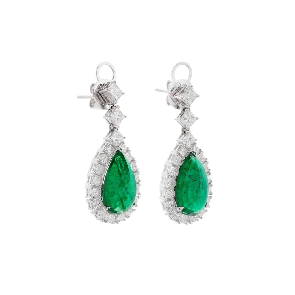 White Gold, 10.85ctw Zambian Emerald and Diamond Drop Earrings