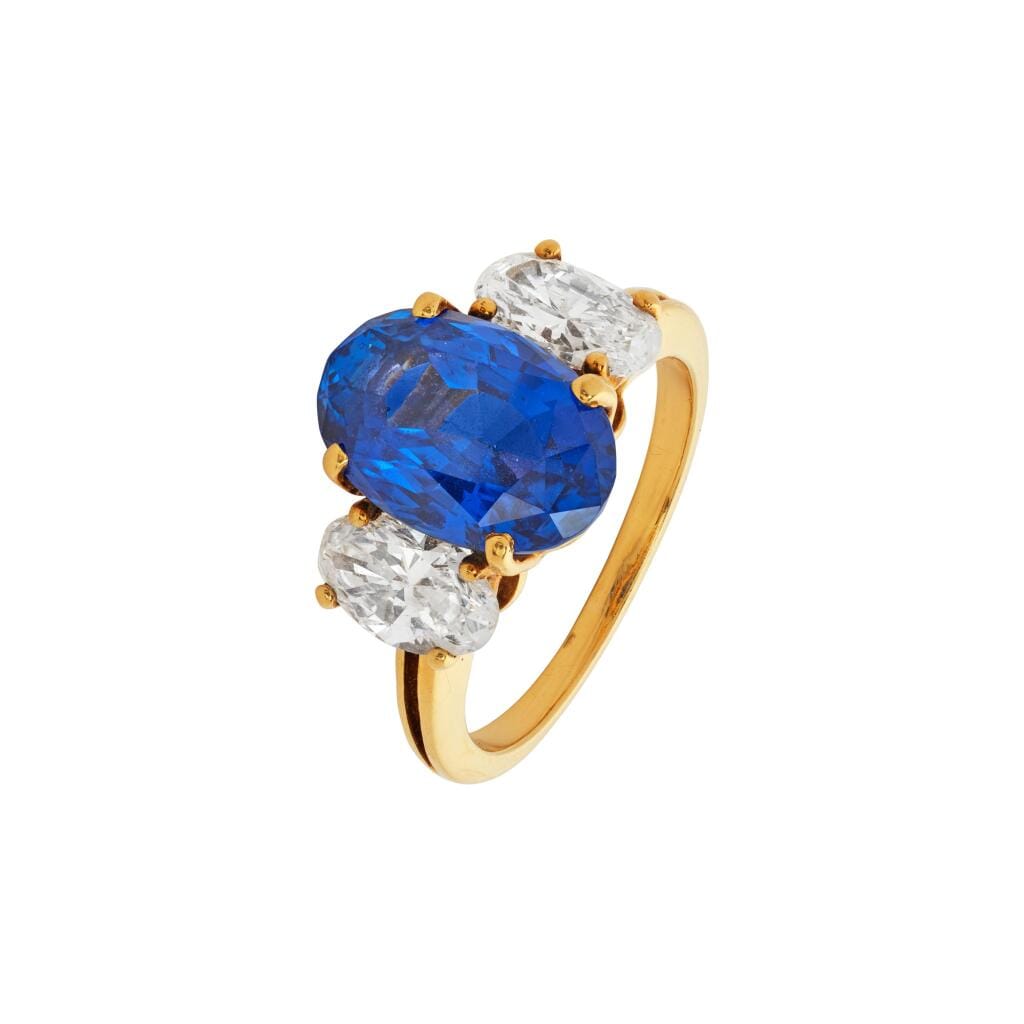 Gold, 5.09ct Ceylon Sapphire and Diamond Three Stone Ring