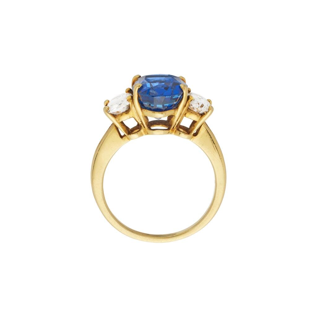 Gold, 5.09ct Ceylon Sapphire and Diamond Three Stone Ring