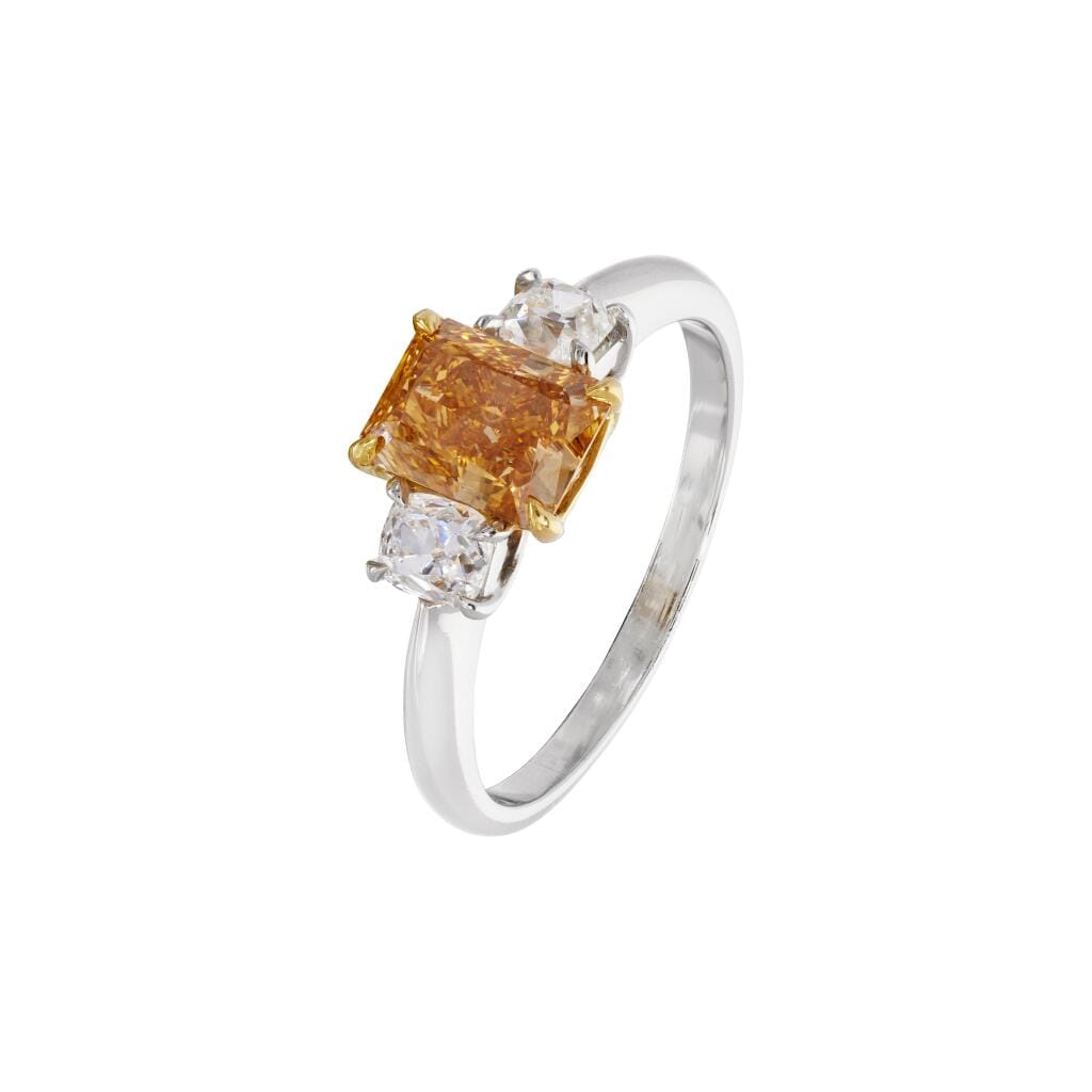 Platinum, Gold, 1.25ct Fancy Intense Yellowish Orange Diamond and Diamond Three Stone Engagement Ring