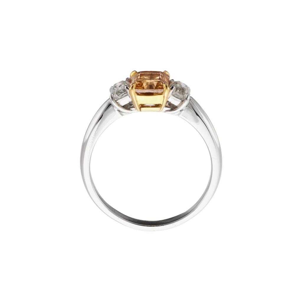 Platinum, Gold, 1.25ct Fancy Intense Yellowish Orange Diamond and Diamond Three Stone Engagement Ring