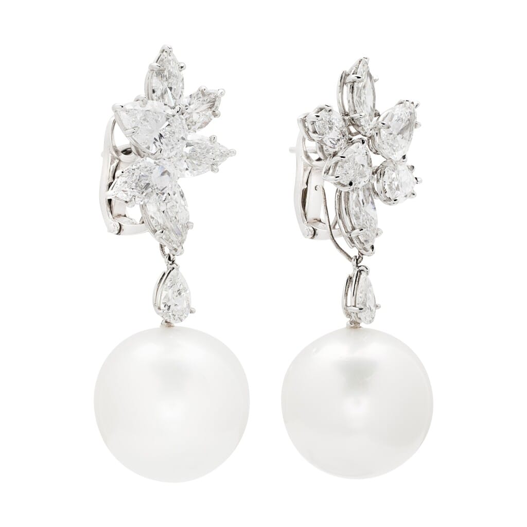 Platinum, South Sea Cultured Pearl and Diamond Cluster Earrings
