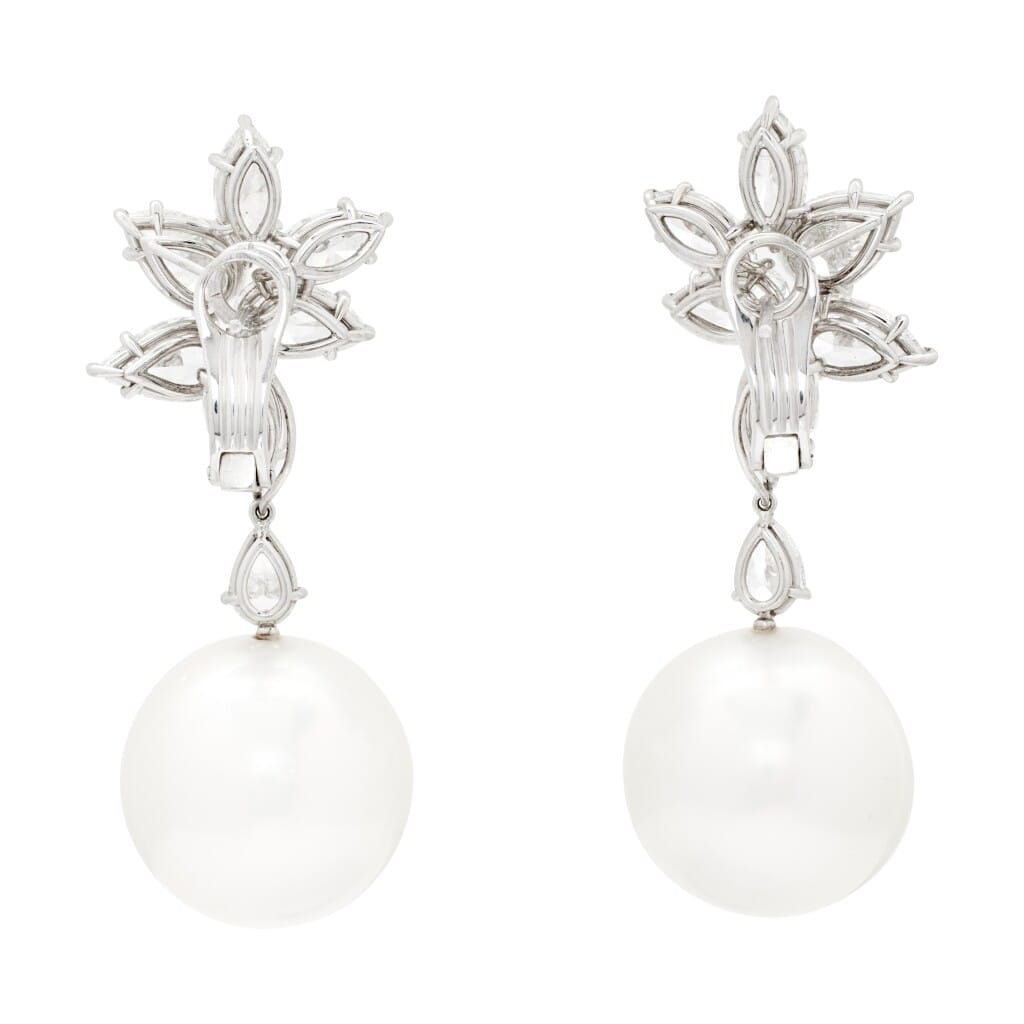 Platinum, South Sea Cultured Pearl and Diamond Cluster Earrings