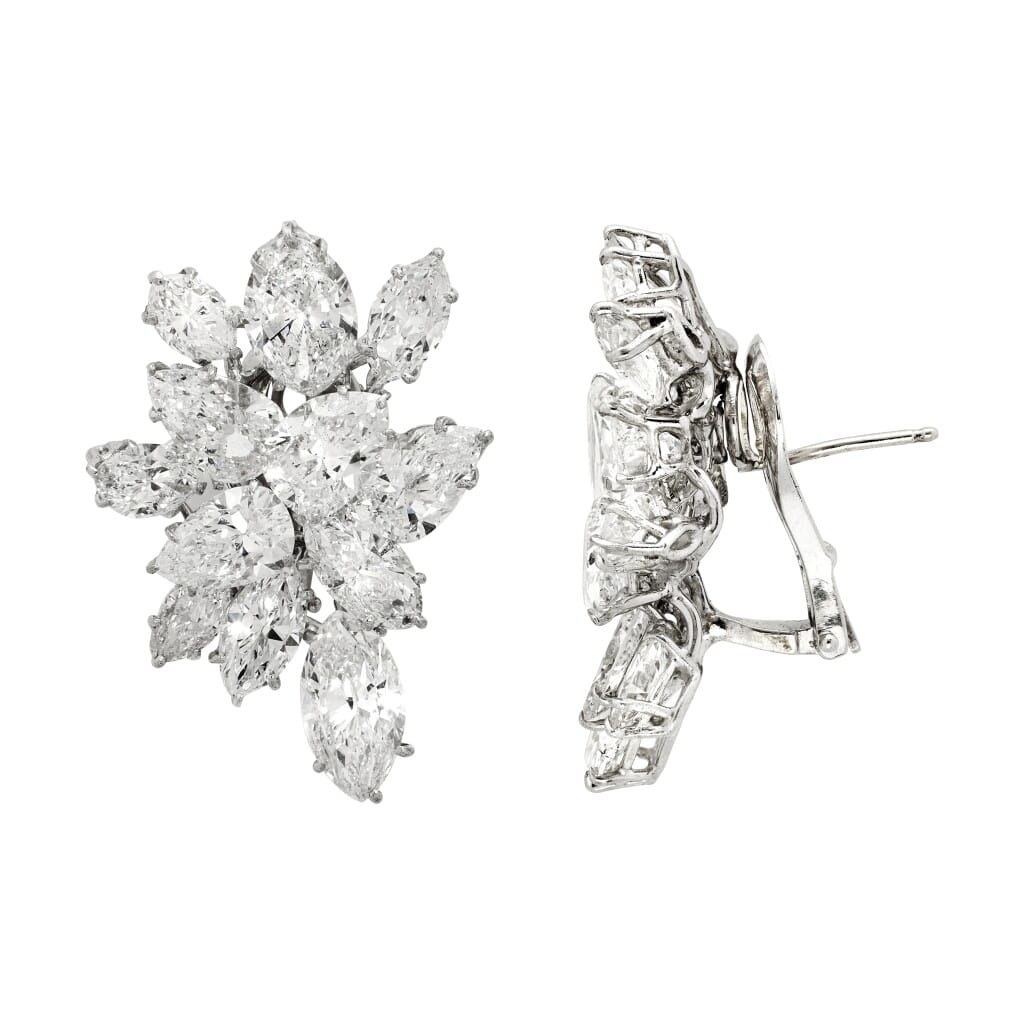 White Gold and 21.00ctw Marquise Cut Diamond Cluster Earclips
