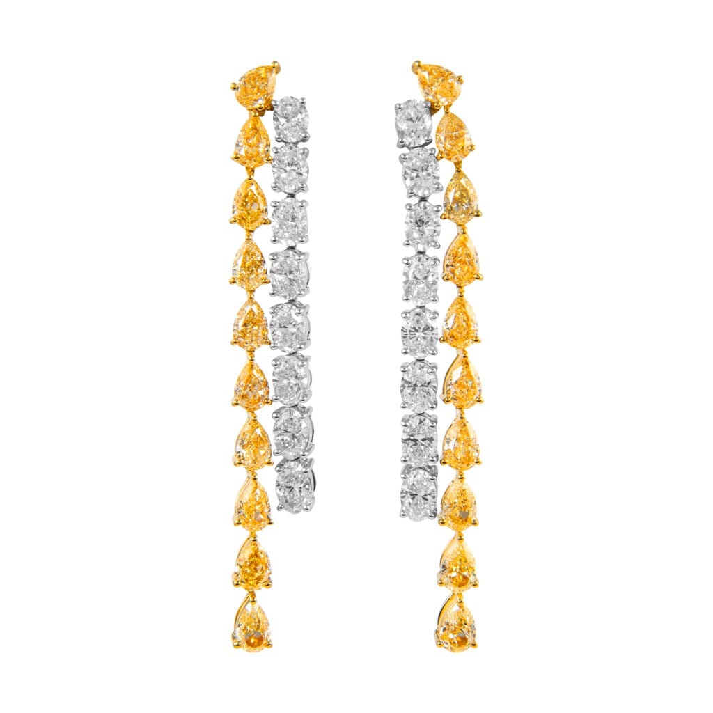 Gold, Pear Shape Yellow Diamond and Oval Cut Diamond Waterfall Drop Earrings