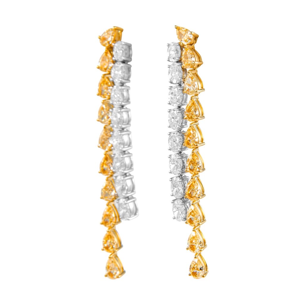 Gold, Pear Shape Yellow Diamond and Oval Cut Diamond Waterfall Drop Earrings