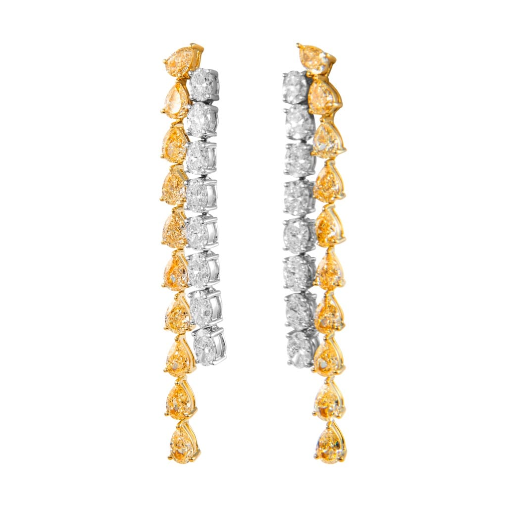 Gold, Pear Shape Yellow Diamond and Oval Cut Diamond Waterfall Drop Earrings