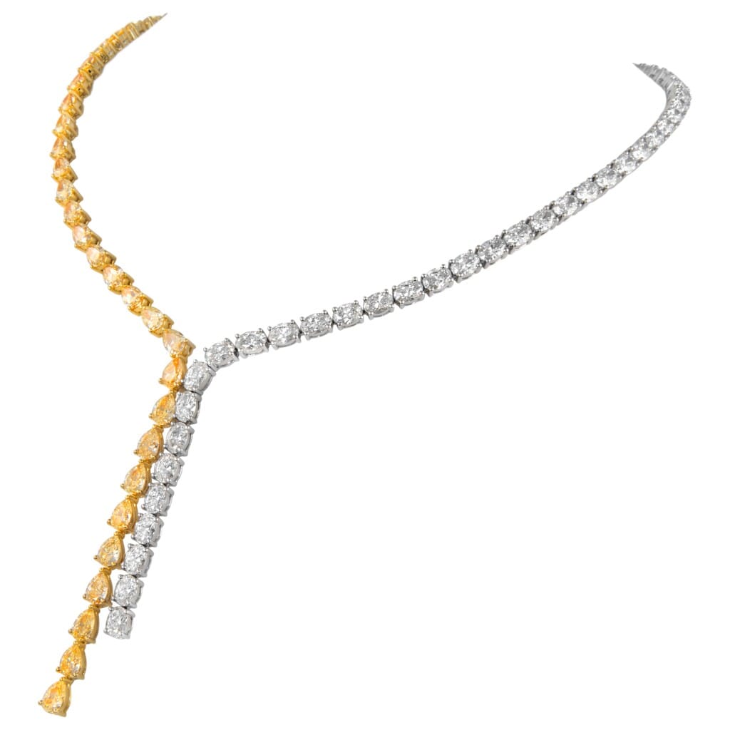 Gold, Pear Cut Yellow Diamond and Oval Cut Diamond Waterfall Collar Necklace