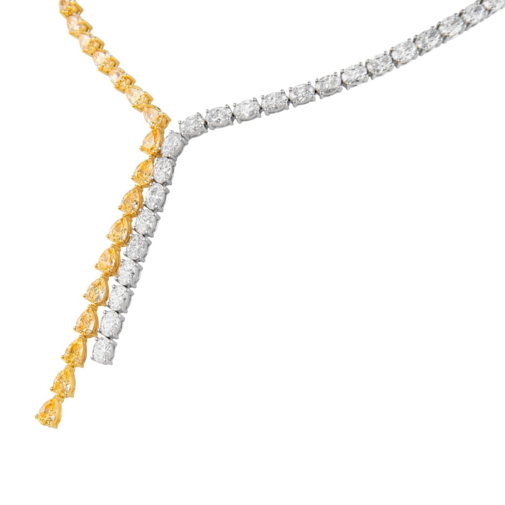 Gold, Pear Cut Yellow Diamond and Oval Cut Diamond Waterfall Collar Necklace