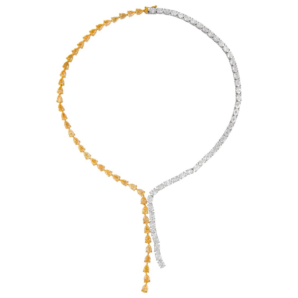 Gold, Pear Cut Yellow Diamond and Oval Cut Diamond Waterfall Collar Necklace