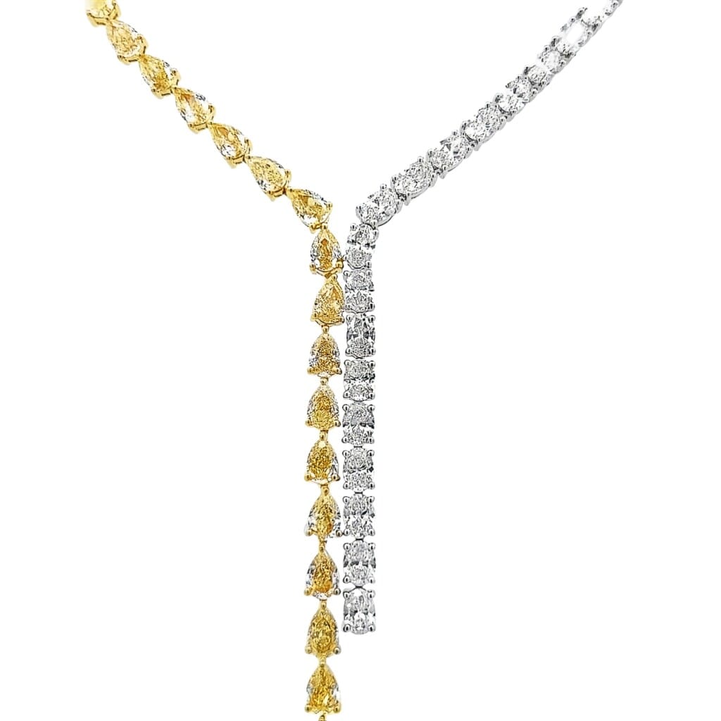 Gold, Pear Cut Yellow Diamond and Oval Cut Diamond Waterfall Collar Necklace